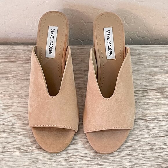 Steve Madden Sandals Slides Heels 6 Chance Tan Pink Taupe Stone Suede Leather - Picture 2 of 11